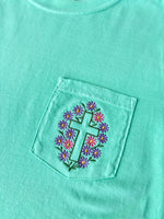 Floral Cross Embroidered Pocket Wholesale Tee
