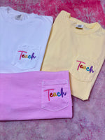 Teach Colorful Embroidered Pocket Wholesale Tee