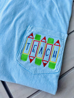 Teach Pencils Embroidered Pocket Wholesale Tee