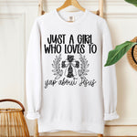 Just a Girl Who Loves to Yap About Jesus (Black) DTF Transfer (SDD)