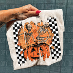Skeleton Pumpkin Checkered Brushstroke Halloween DTF Transfer (SBBB)