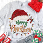Merry Christmas Faux Embroidery Santa Hat Christmas Lights DTF Transfer (SBBB)