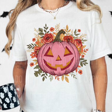Pink Jack O Lantern Faux Embroidery Floral DTF Transfer (SBBB)