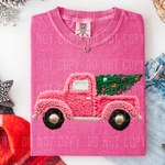 Pink Christmas Truck Faux Yarn DTF Transfer (SBB)