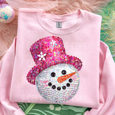 Snowman Pink Hat Faux Sequins DTF Transfer (SBB)