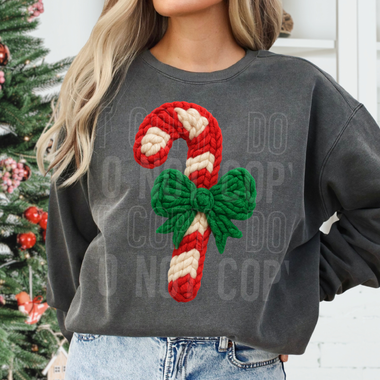 Candy Cane Bow Christmas Faux Yarn DTF Transfer (SBB)