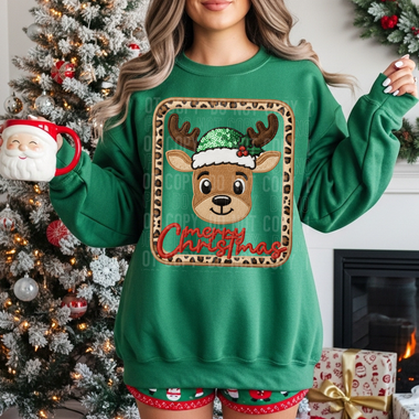 Merry Christmas Reindeer - Faux Sequins- Leopard - DTF Transfer (SBB)