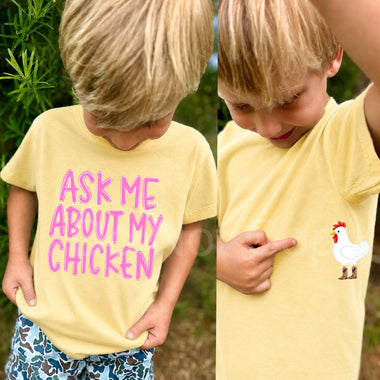 Ask Me About My Chicken (Full size print and pocket size cow) GIRL VERSION DTF Transfers (CC)