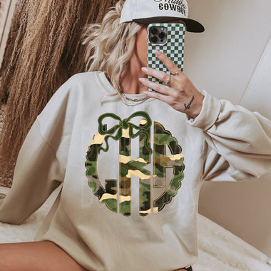 Custom Camo Monogram DTF Transfer (leave initials in the note/personalize box with first initial first, last name initial middle and middle initial last)