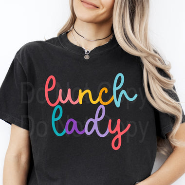 Colorful Cursive LUNCH LADY DTF Transfer