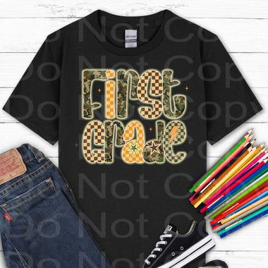 First Grade Camo Orange Check DTF Transfer (E)