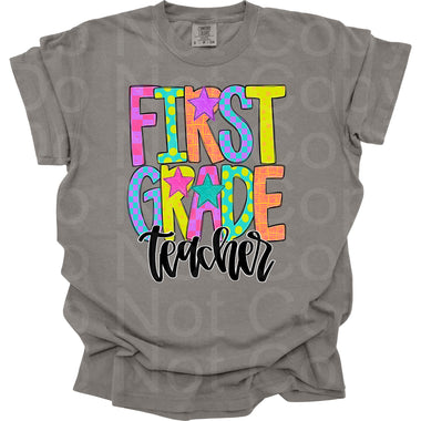 Preppy Bright Pattern First Grade Teacher DTF Transfer (AR)