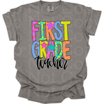 Preppy Bright Pattern First Grade Teacher DTF Transfer (AR)