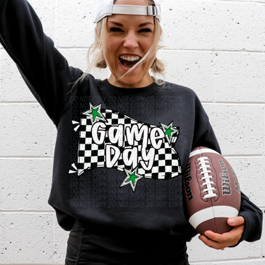 Game Day Black Check with Green Stars DTF Transfer