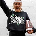 Game Day Black Check with Green Stars DTF Transfer