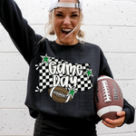 Game Day Football Black Check with Green Stars DTF Transfer