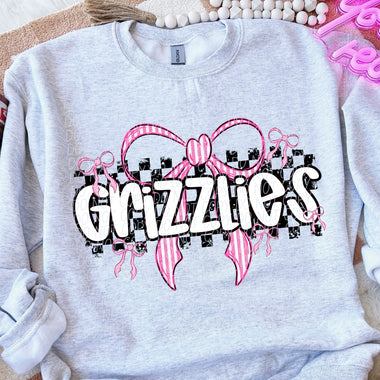 Grizzlies Pink Bow with Checks Mascot DTF Transfer