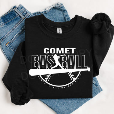 Comet Baseball WHITE INK DTF Transfer