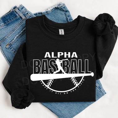 Alpha Baseball WHITE INK DTF Transfer
