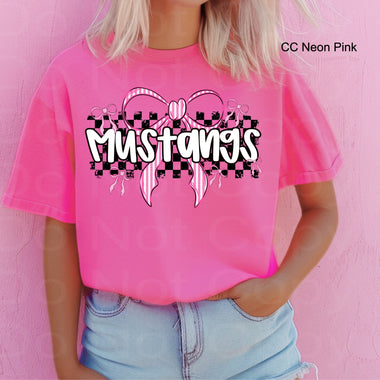 Mustangs Pink Bow Black Check Mascot DTF Transfer