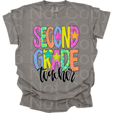 Preppy Bright Pattern Second Grade Teacher DTF Transfer (AR)