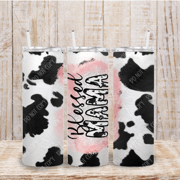 Blessed Mama Cowhide Pink 20oz Skinny Tumbler with Lid and Plastic Straw