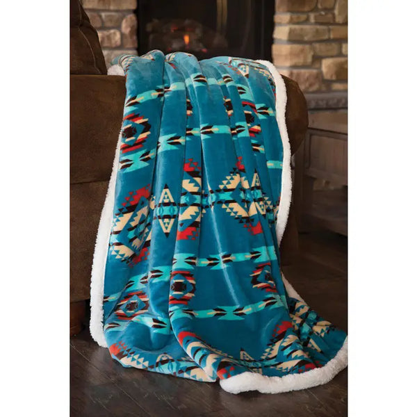 Blue Aztec Sherpa Throw Blanket Wills Creek Designs