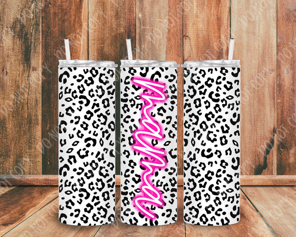 Mama White Leopard 20oz Skinny Tumbler with Lid and Plastic Straw