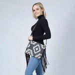 Aztec Crossbody with Fringe Grey
