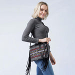 Aztec Crossbody with Fringe Gray and Burgundy