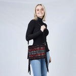 Aztec Crossbody with Fringe Black and Burgundy