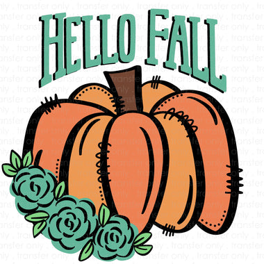 Hello Fall Blue Floral Pumpkin Sublimation Transfer