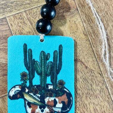 Cactus Cowboy Hat Car Freshie with Wood Beads