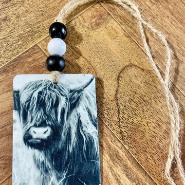 Highland Cow Car Freshie with Wood Beads