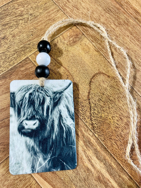 Highland Cow Car Freshie with Wood Beads