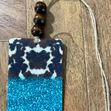 Cowhide Glitter Blue Pattern Car Freshie with Wood Beads
