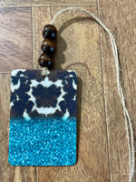 Cowhide Glitter Blue Pattern Car Freshie with Wood Beads