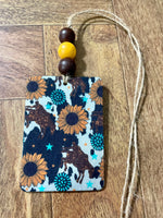 Cowhide Sunflower Pattern Car Freshie with Wood Beads