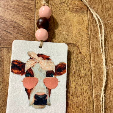 Sunglasses Cow Car Freshie with Wood Beads
