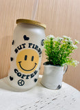 But First Coffee happy face  Frosted Beer Mug Wrap with Bamboo Lid and Plastic Straw