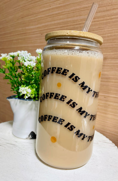 "Please read description" Coffe is my Therapy Wrap Clear 16 oz Beer Mug with Bamboo Lid and Straw