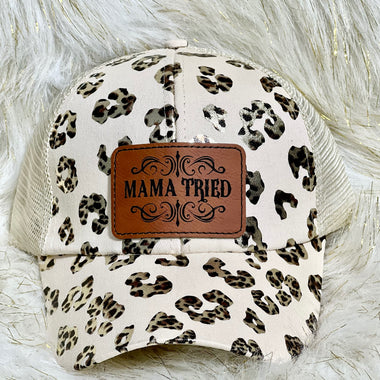 Mama Tried Leather Patch Metallic Beige Leopard Ponytail Hat *Completed*