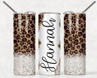 Personalized Name Leopard Glitter 20oz Skinny Tumbler with Lid and Plastic Straw