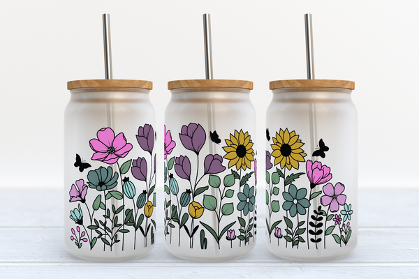 Wildflower Frosted Beer Mug Wrap with Bamboo Lid and Plastic Straw