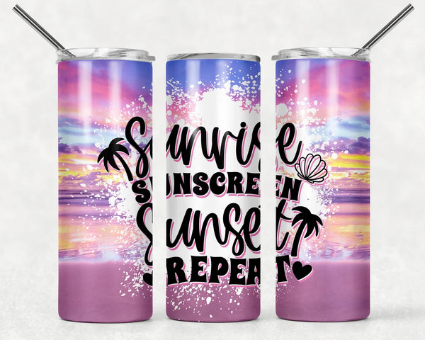 Sunrise Sunscreen Sunset Repeat 20oz Skinny Tumbler with Lid and Plastic Straw