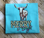 Merry and Bright Longhorn Screen Print High Heat Transfer R71