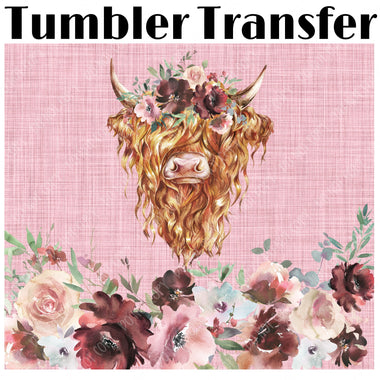 Pink Highland Cow Rose Skinny Tumbler Seamless Sublimation Transfer